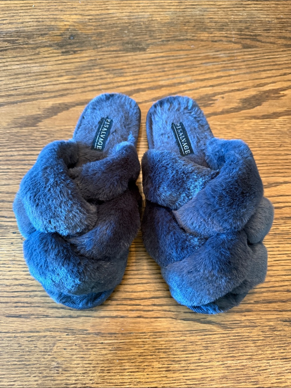 PJ Salvage Plush Faux Fur Braided Slippers Navy Blue Cozy 9 9.5
